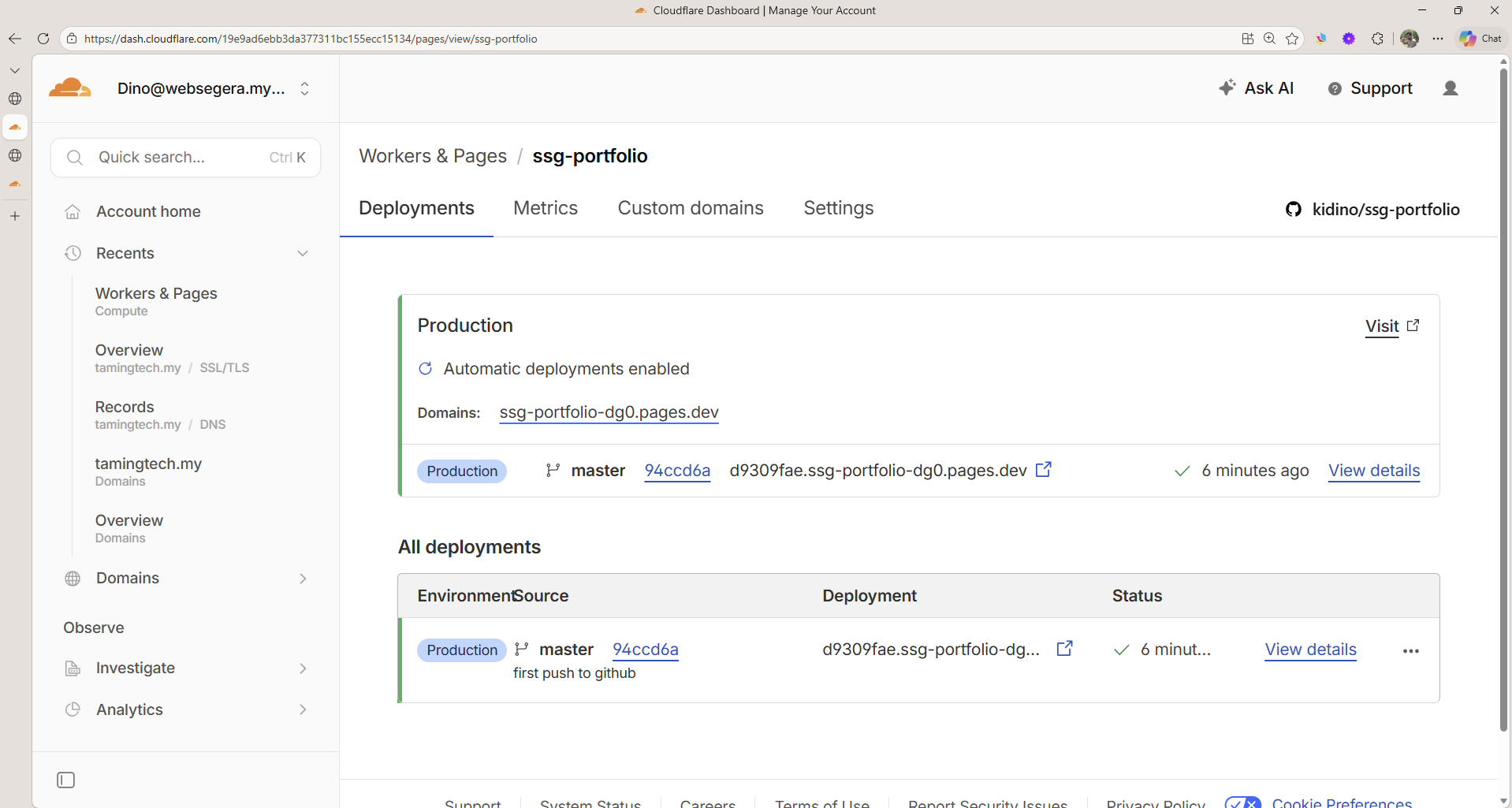 Cloudflare Pages Dashboard showing automatic deployments